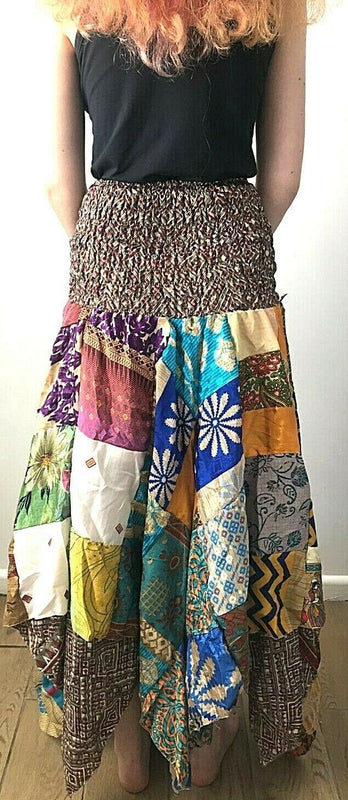 Patchwork Skirt Dress Maxi Long Boho Hippie Festival pixie gypsy StretchONE SIZE