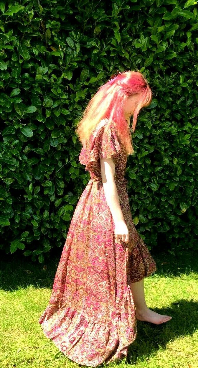 Dress Boho hippy pixie Festival 100% SILK LONG PURPLE sun MAXI  UK 8 10 12 14