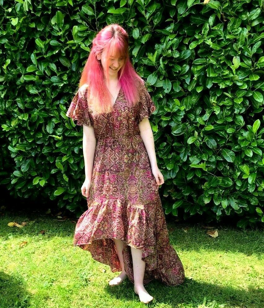 Dress Boho hippy pixie Festival 100% SILK LONG PURPLE sun MAXI  UK 8 10 12 14