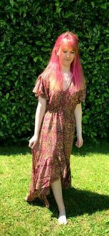 Dress Boho hippy pixie Festival 100% SILK LONG PURPLE sun MAXI  UK 8 10 12 14