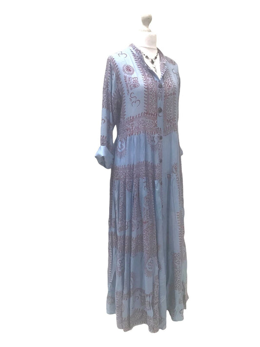 Festival Stall LTD Boho festival Clothing Sky Blue LONG Dress, Boho hippy festival style, print blue & red maxi UK 8 - 14 ONE SIZE