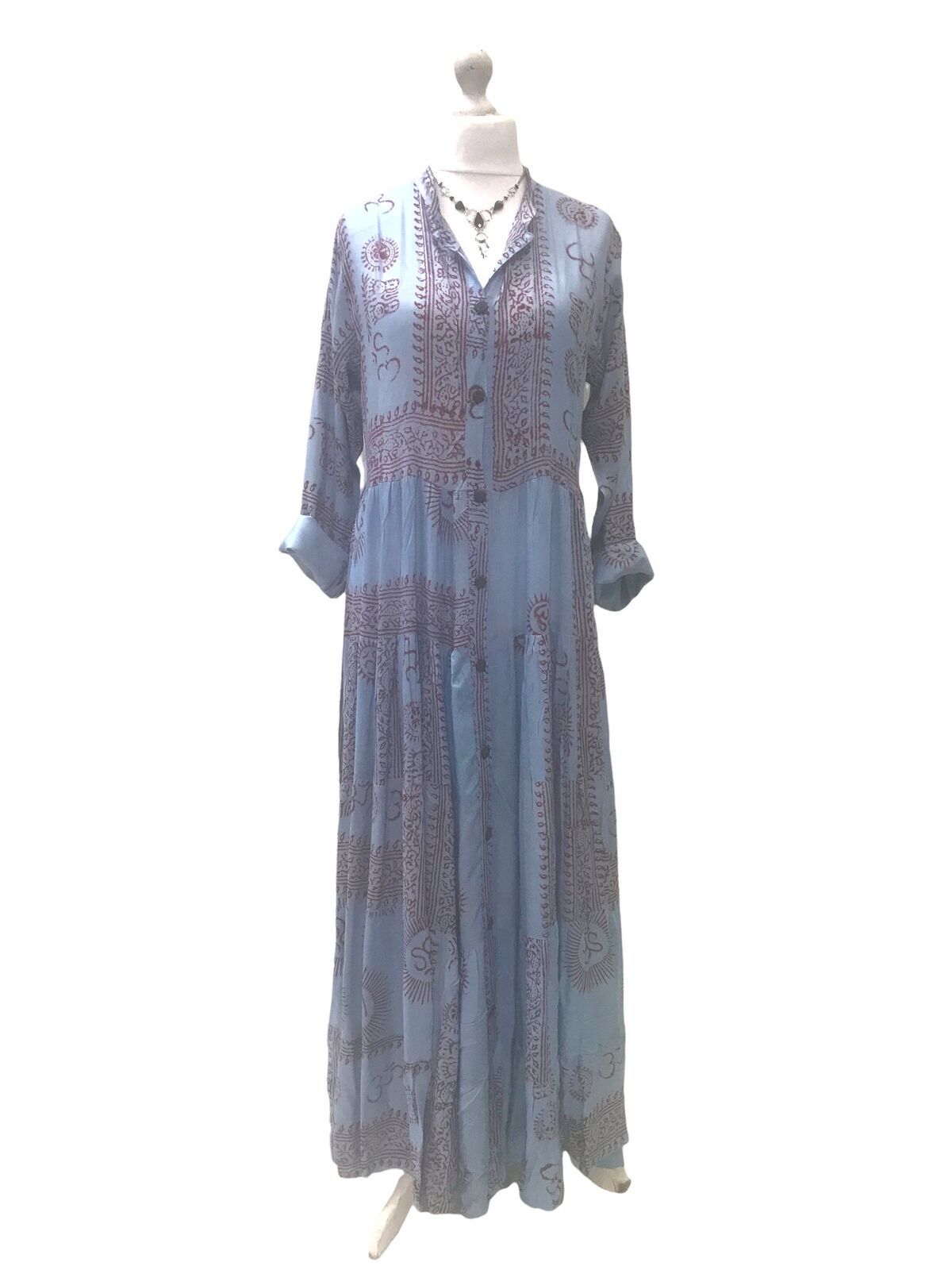 Festival Stall LTD Boho festival Clothing Sky Blue LONG Dress, Boho hippy festival style, print blue & red maxi UK 8 - 14 ONE SIZE