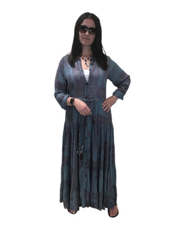 Festival Stall LTD Boho festival Clothing Sky Blue LONG Dress, Boho hippy festival style, print blue & red maxi UK 8 - 14 ONE SIZE