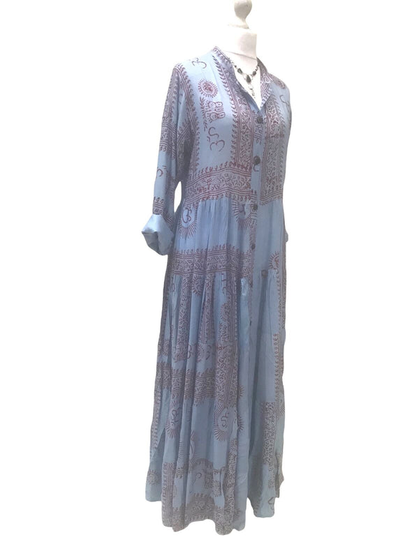 Festival Stall LTD Boho festival Clothing Sky Blue LONG Dress, Boho hippy festival style, print blue & red maxi UK 8 - 14 ONE SIZE