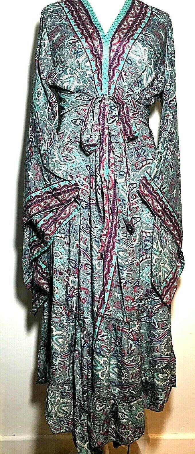 KIMONO DRESS Boho hippy SILK cover up wrap long gown robe duster coat ONE SIZE