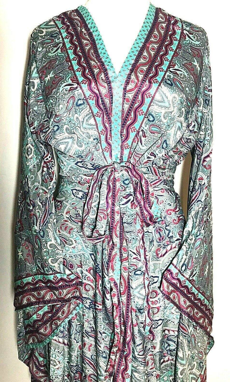 KIMONO DRESS Boho hippy SILK cover up wrap long gown robe duster coat ONE SIZE