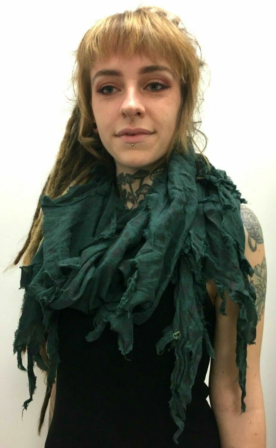 Boho hippy raw edge festival Green long tassel SCARF unusual wrap present gift