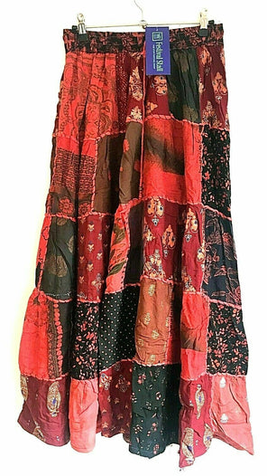 Festival Stall LTD Boho festival Clothing LONG PATCHWORK SKIRT MAXI Boho hippie Festival Red Vintage retro One Size 8 - 18