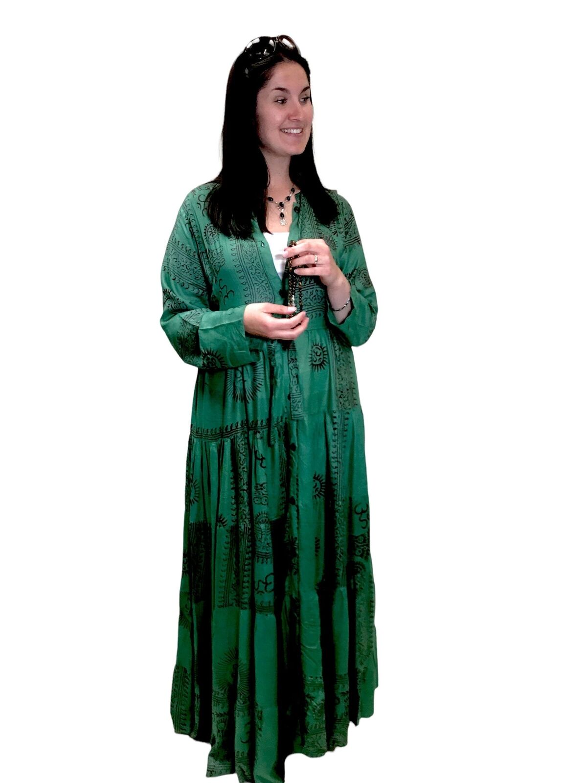 Boho hippy festival om print yoga green long maxi summer dress uk 8 10 12 14 16