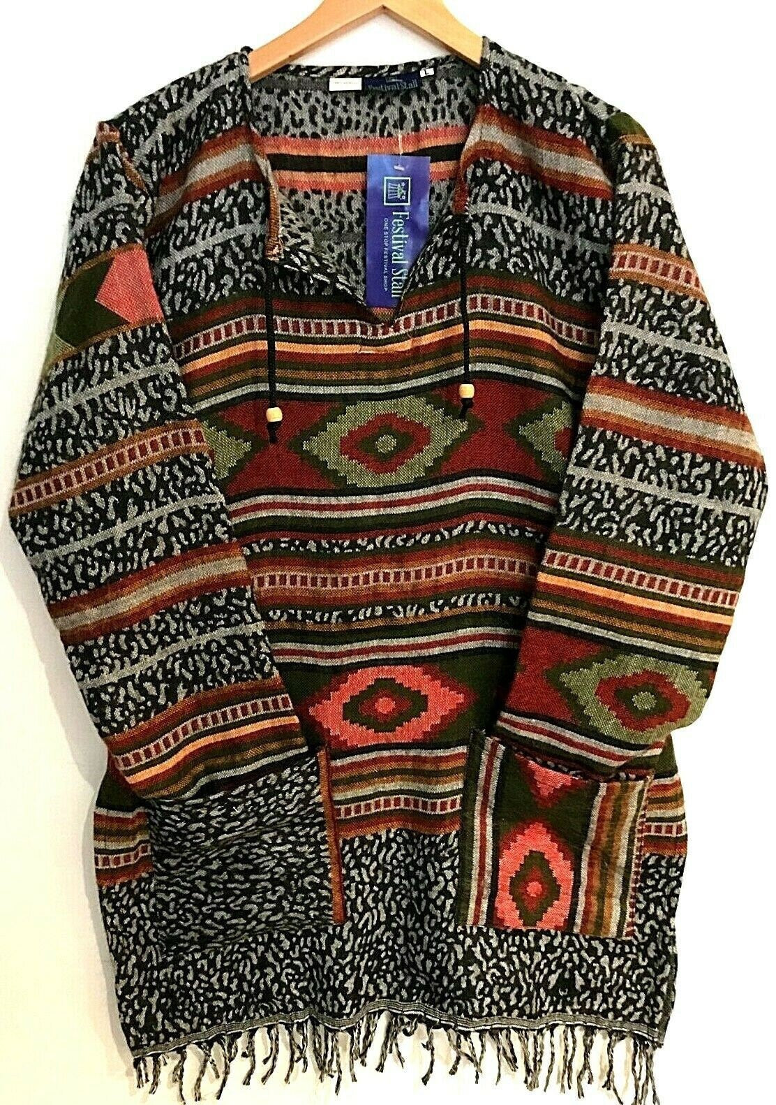 Boho hippie festival winter warm tassel long sleeve blouse top tunic uk 12 14