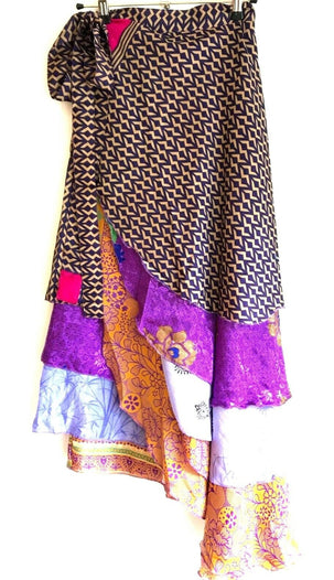 Layered Wrap Skirt, Boho Hippy Festival style, Sari Silk, Maxi long, Retro One size UK 8-18 US 4-14