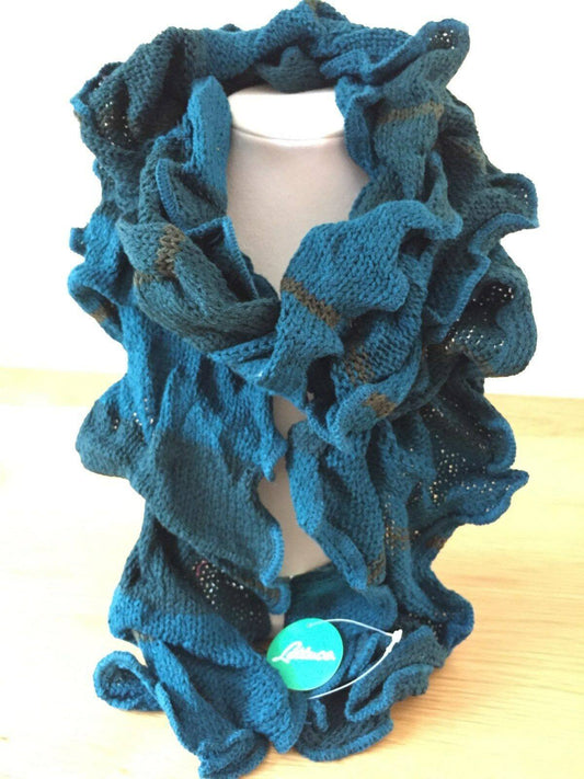 Boho hippy goth TEAL BLUE ruffle warm knit LETTUCE OF LONDON scarf wrap gift