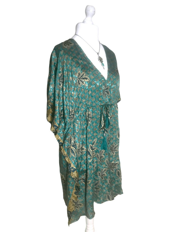 Boho hippy, festival Sari Silk Long Tunic, Kaftan Top Cover up dress UK 8 - 18