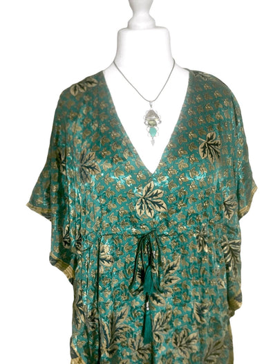 Boho hippy, festival Sari Silk Long Tunic, Kaftan Top Cover up dress UK 8 - 18