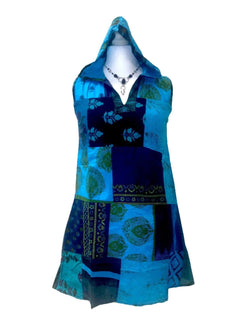 Festival boho hippie short blue patchwork hooded mini tunic dress uk 8 10 12 14