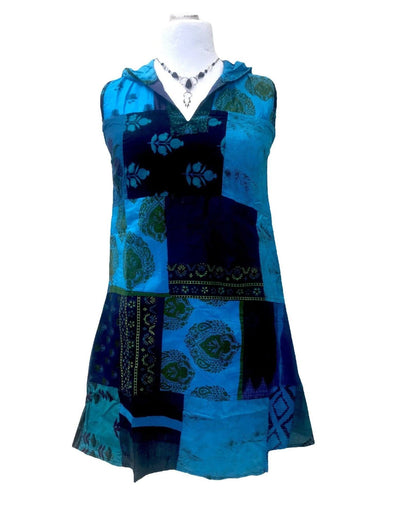 Festival boho hippie short blue patchwork hooded mini tunic dress uk 8 10 12 14