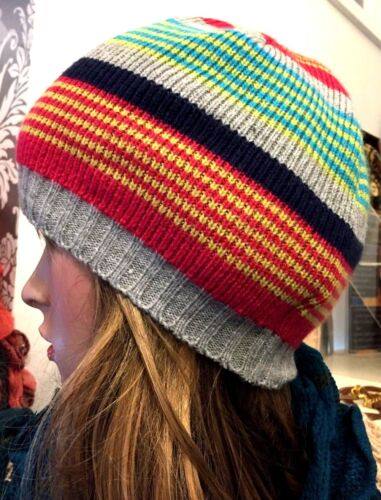 PINK BLUE YELLOW STRIPED festival WOOL KNIT BEANIE boho hippy hippie Hat gift