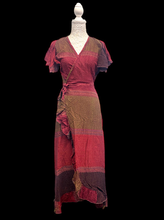 RED Brown WRAP Dress Boho hippy Festival Cotton Summer Sun Beach UK 8-14