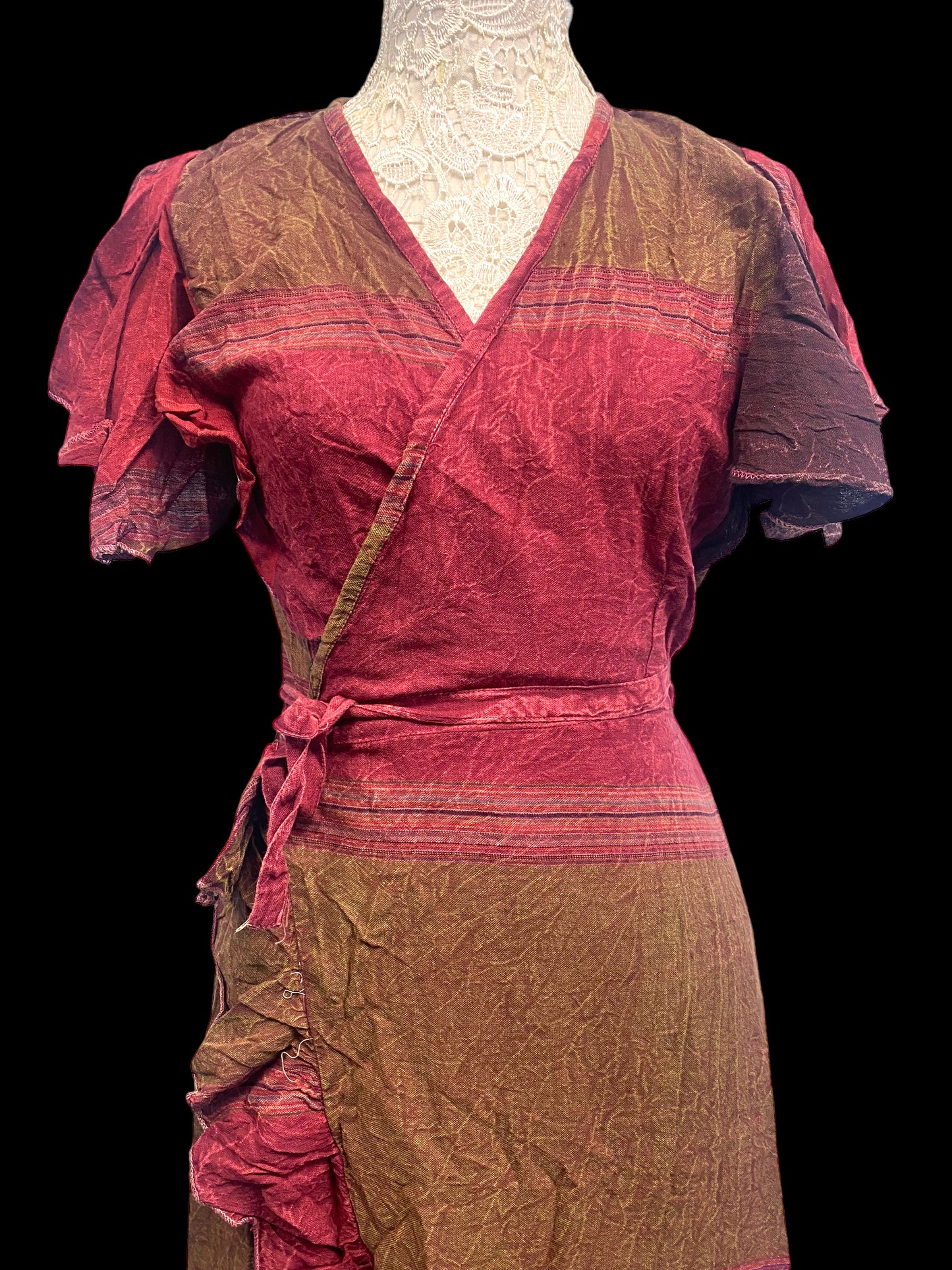 RED Brown WRAP Dress Boho hippy Festival Cotton Summer Sun Beach UK 8-14