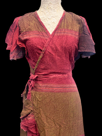 RED Brown WRAP Dress Boho hippy Festival Cotton Summer Sun Beach UK 8-14