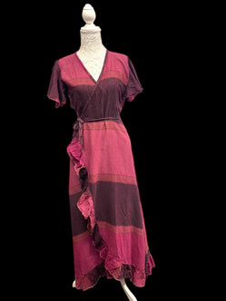MULBERRY wine crinkle cotton Wrap Dress, Boho hippie festival style, Long flounced, one size UK 8-14 US 6-12