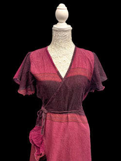 MULBERRY wine crinkle cotton Wrap Dress, Boho hippie festival style, Long flounced, one size UK 8-14 US 6-12