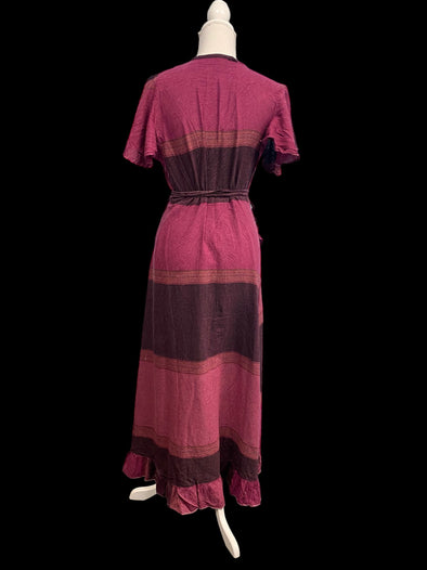 MULBERRY wine crinkle cotton Wrap Dress, Boho hippie festival style, Long flounced, one size UK 8-14 US 6-12