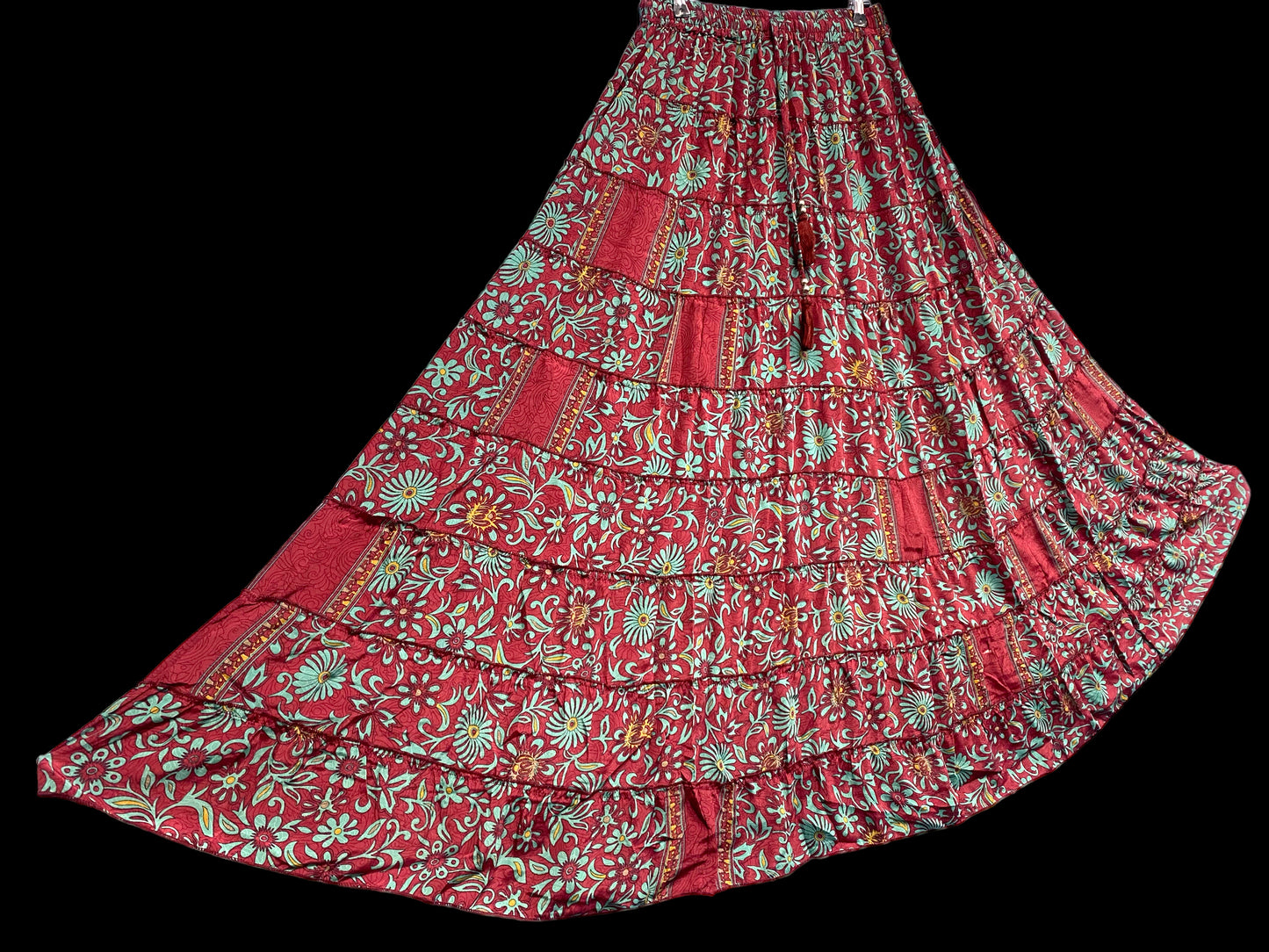 RED MAXI SKIRT Festival boho hippie gypsy silk floaty flared 8 10 12 14 16 18