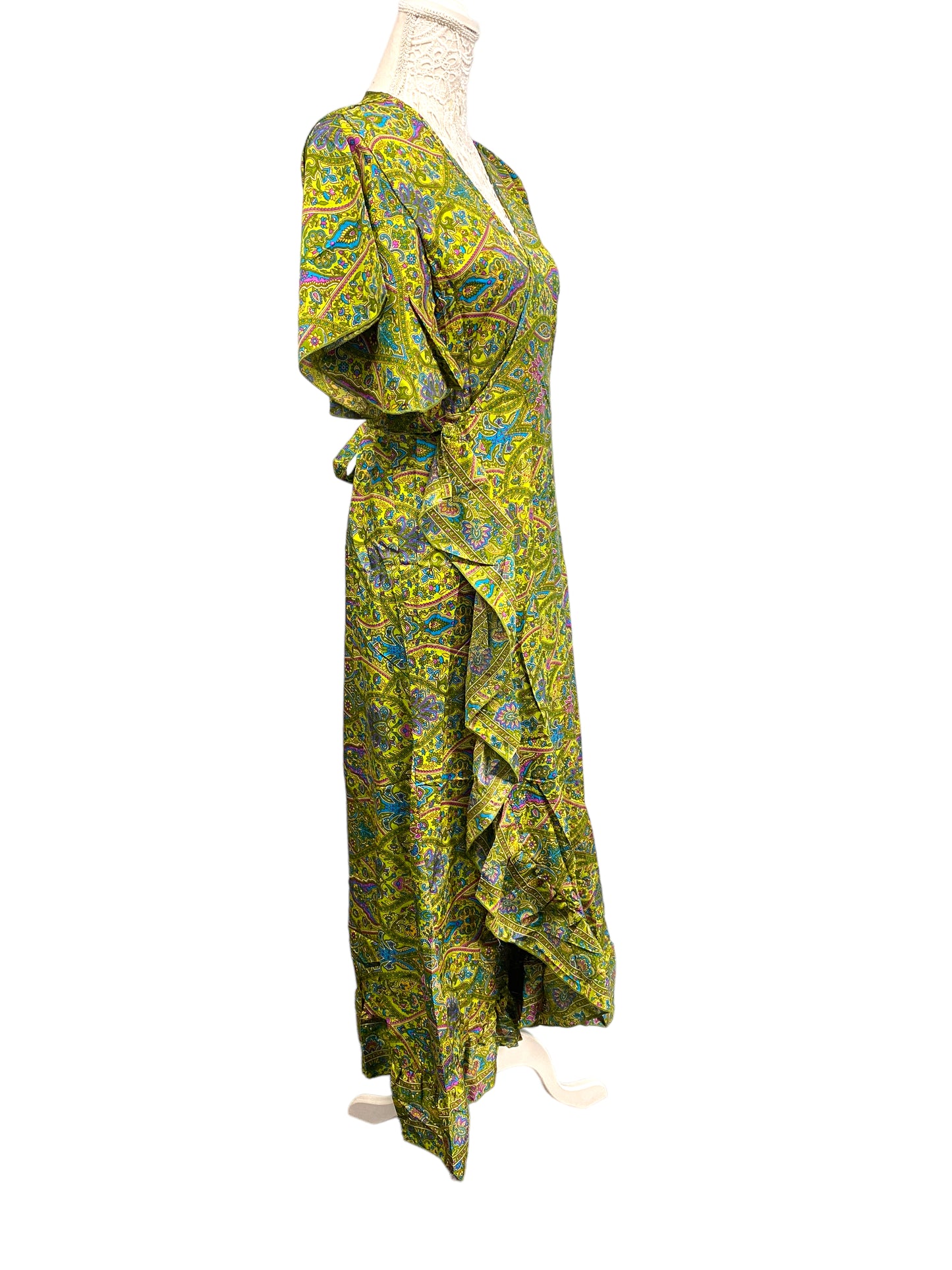 Wrap Dress boho hippy Festival SILK GREEN party wedding outfit One Size 8-14