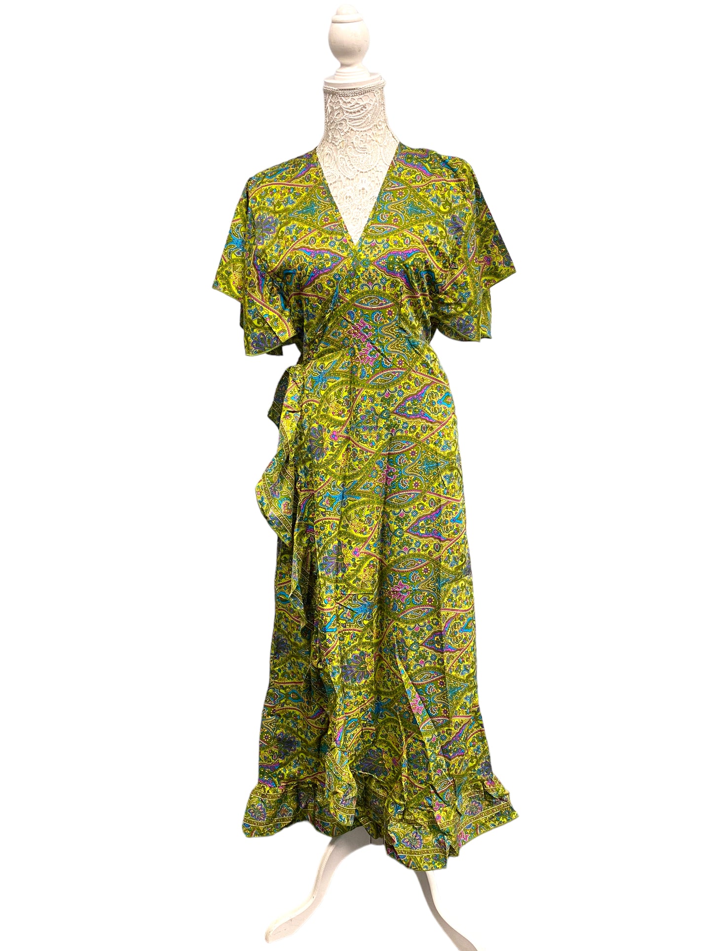 Wrap Dress boho hippy Festival SILK GREEN party wedding outfit One Size 8-14