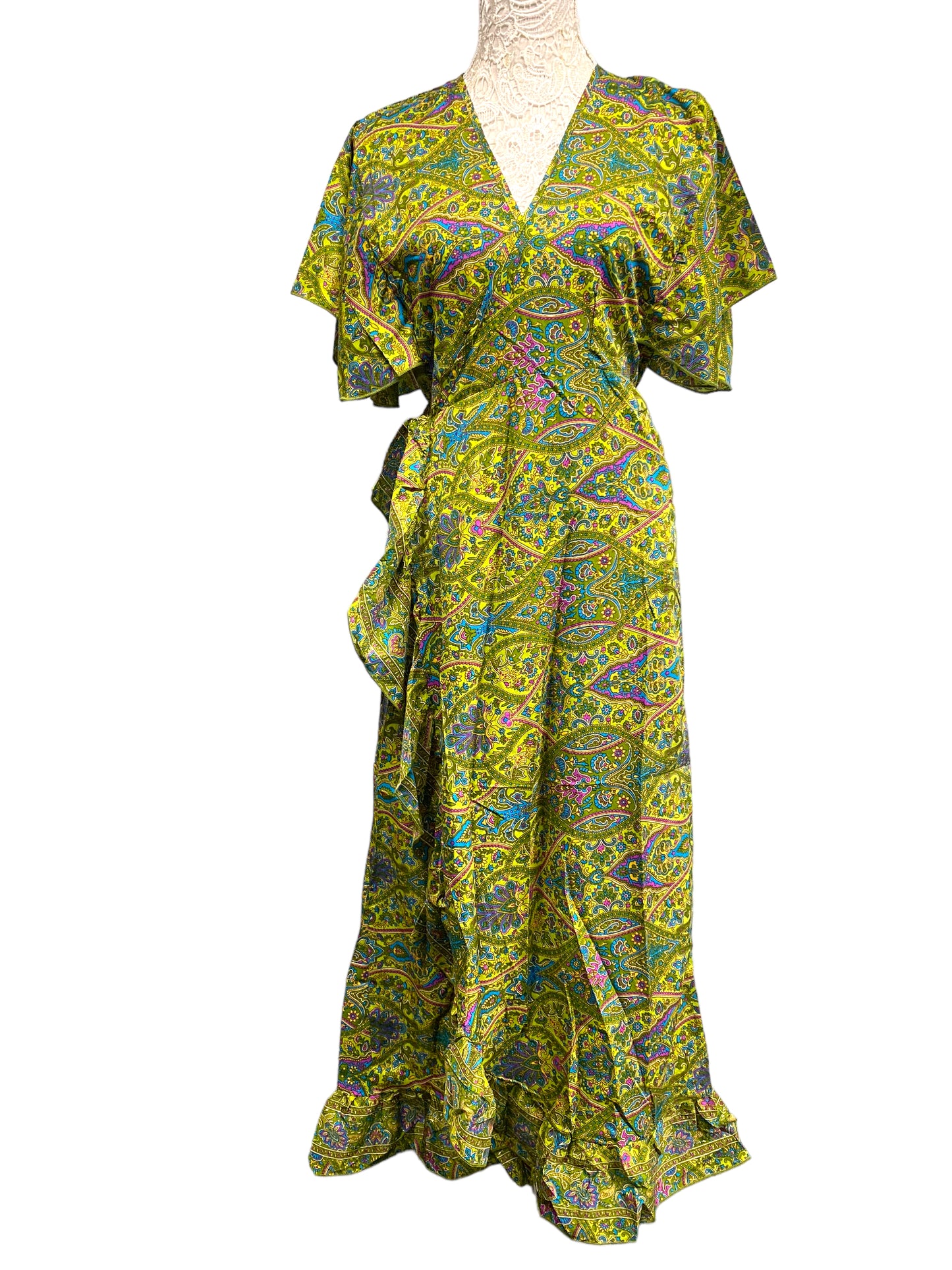 Wrap Dress boho hippy Festival SILK GREEN party wedding outfit One Size 8-14