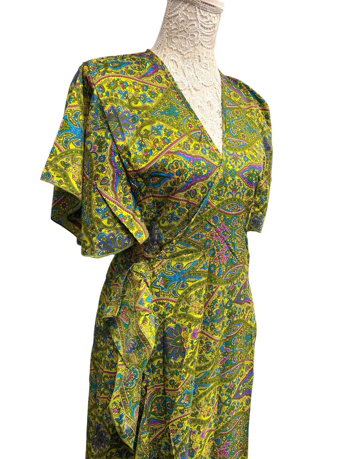 Wrap Dress boho hippy Festival SILK GREEN party wedding outfit One Size 8-14