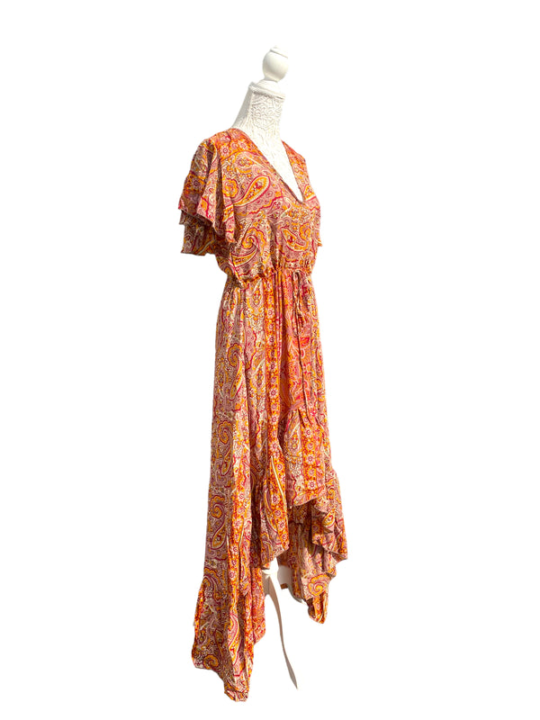 Orange Boho SILK maxi dress | Asymmetric long length Summer| Royal Elegant godess hippie | Vacation | Festival Wedding Party outfit
