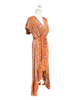 Orange Boho SILK maxi dress | Asymmetric long length Summer| Royal Elegant godess hippie | Vacation | Festival Wedding Party outfit