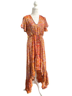 Orange Boho SILK maxi dress | Asymmetric long length Summer| Royal Elegant godess hippie | Vacation | Festival Wedding Party outfit