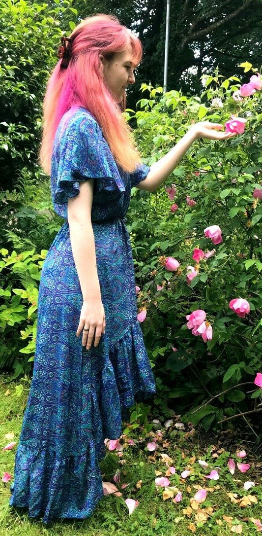 Festival Stall LTD Boho festival Clothing Electric Blue SILK maxi dress | Asymmetric long length Summer| Royal Elegant godess hippie | Vacation | Festival Wedding Party outfit