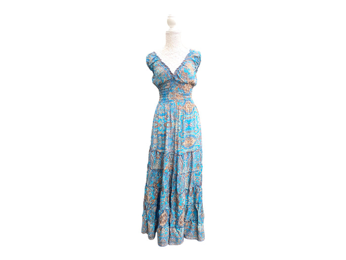 Boho hippy Festival outfit Turquoise Blue SILK long maxi summer dress 8 10 12 14