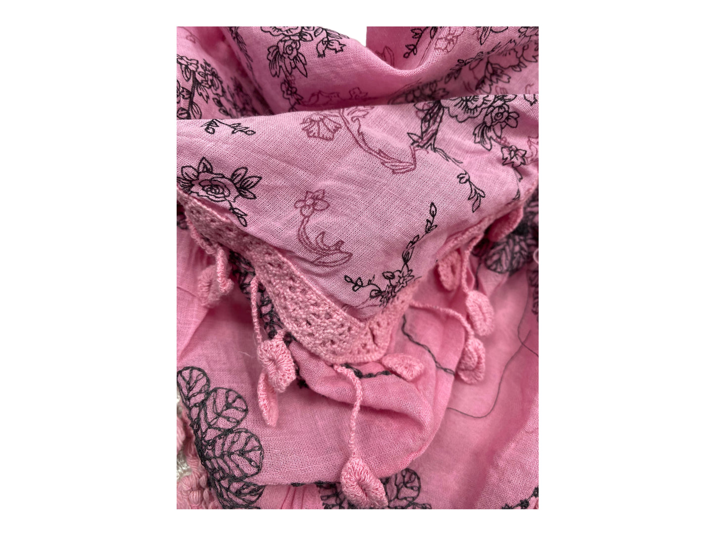 Pretty Pink 100% cotton Embroidered Lace, Boho Hippy Tassel scarf, pashmina, triangular, Gift