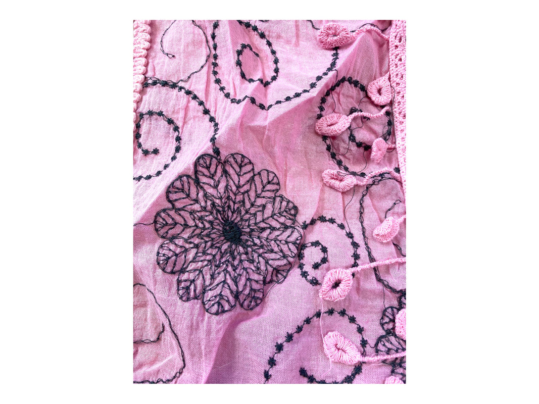 Pretty Pink 100% cotton Embroidered Lace, Boho Hippy Tassel scarf, pashmina, triangular, Gift