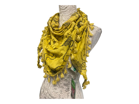 Pretty Yellow 100% cotton Embroidered Lace, Boho Hippy Tassel scarf, pashmina, triangular, Gift