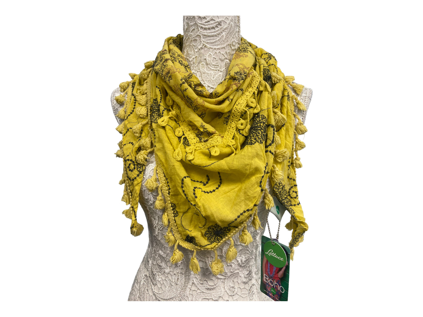 Pretty Yellow 100% cotton Embroidered Lace, Boho Hippy Tassel scarf, pashmina, triangular, Gift