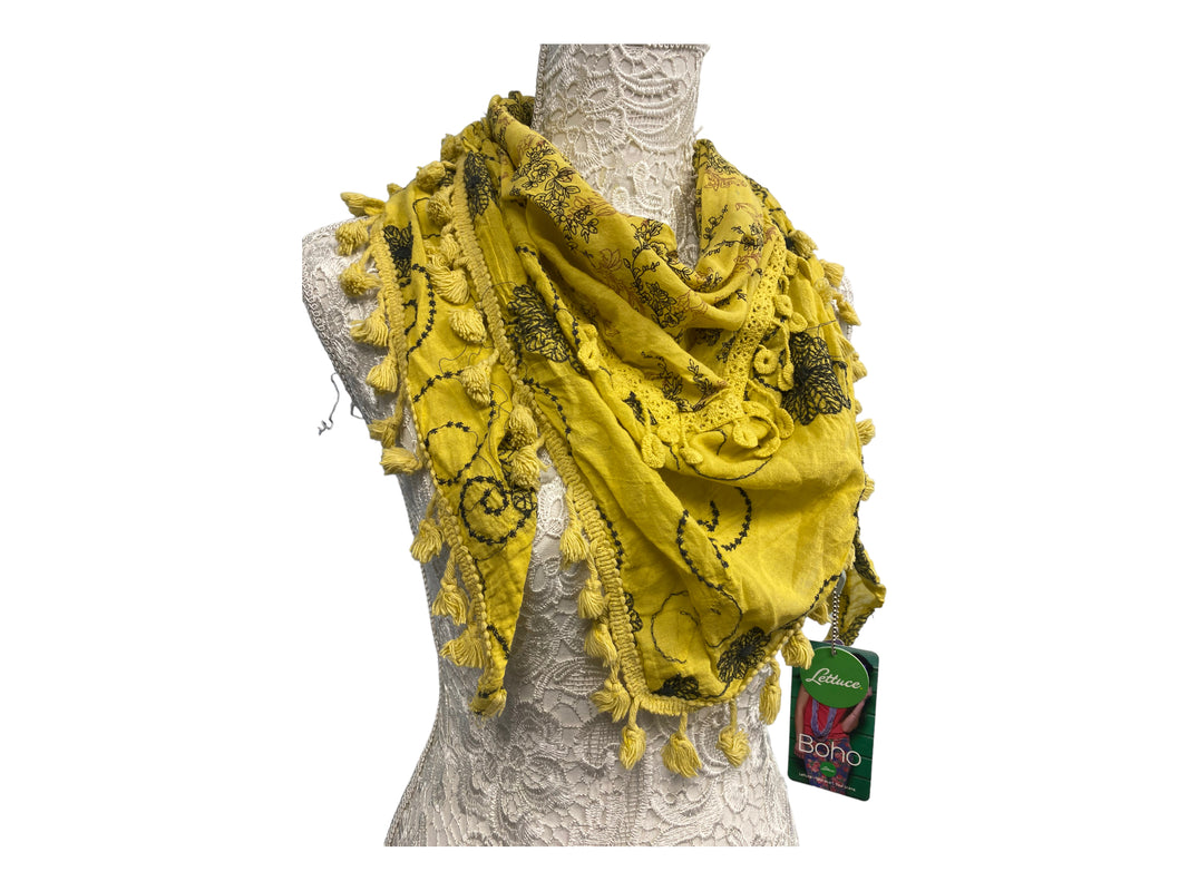 Pretty Yellow 100% cotton Embroidered Lace, Boho Hippy Tassel scarf, pashmina, triangular, Gift