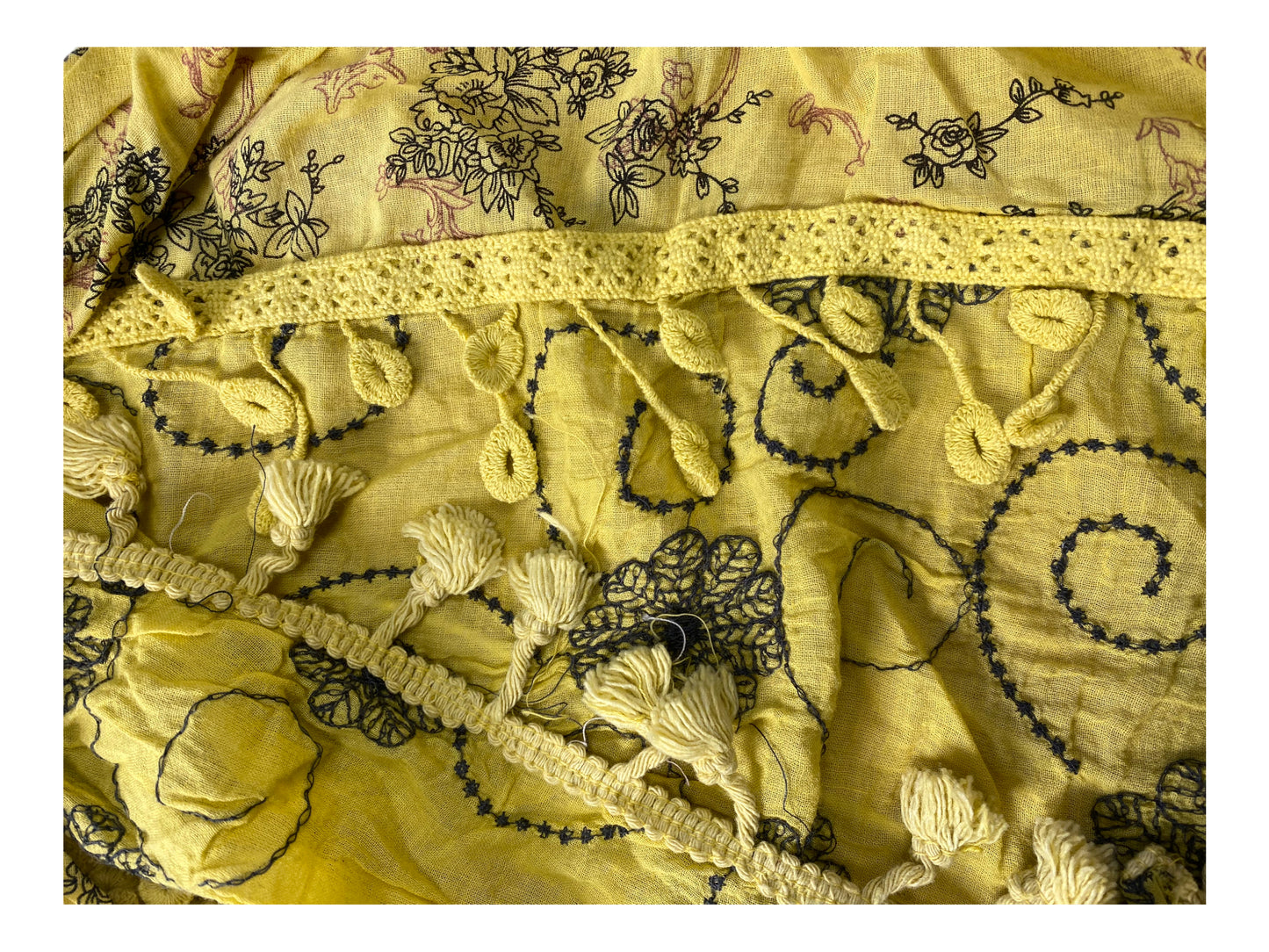 Pretty Yellow 100% cotton Embroidered Lace, Boho Hippy Tassel scarf, pashmina, triangular, Gift