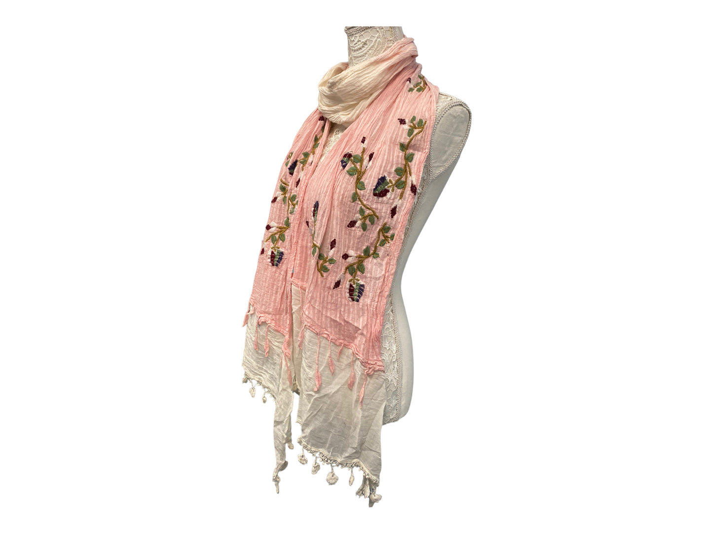 Pink & Ivory dip dyed SCARF, Wrap tassel lettuce Embroidered boho hippie cream & ivory lace