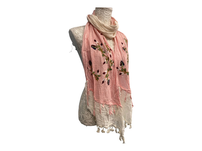 Pink & Ivory dip dyed SCARF, Wrap tassel lettuce Embroidered boho hippie cream & ivory lace