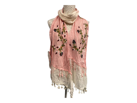 Pink & Ivory dip dyed SCARF, Wrap tassel lettuce Embroidered boho hippie cream & ivory lace