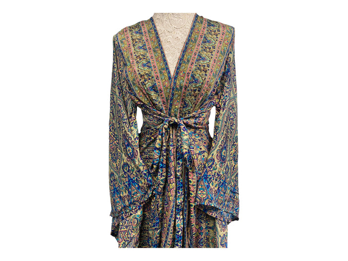 KIMONO WRAP DRESS Boho hippie festival vintage SILK duster coat kaftan 8-18