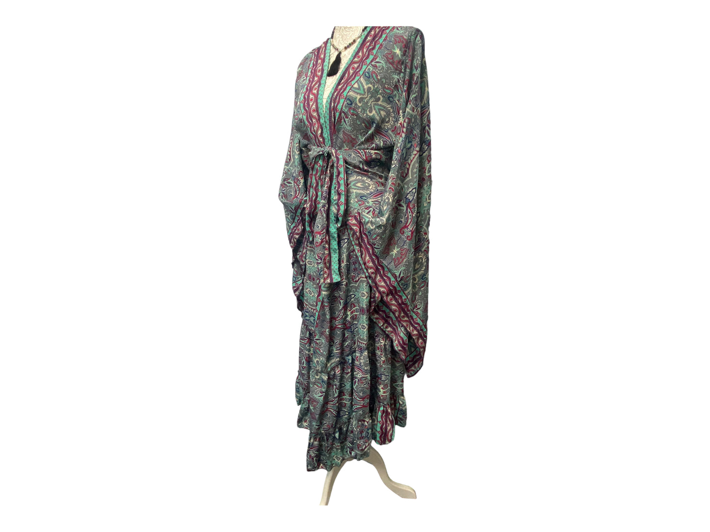 KIMONO DRESS Boho hippy SILK cover up wrap long gown robe duster coat ONE SIZE