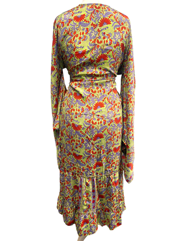 Boho hippie 100% silk kimono cover up wrap long gown robe dress duster coat lime
