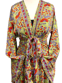 Boho hippie 100% silk kimono cover up wrap long gown robe dress duster coat lime